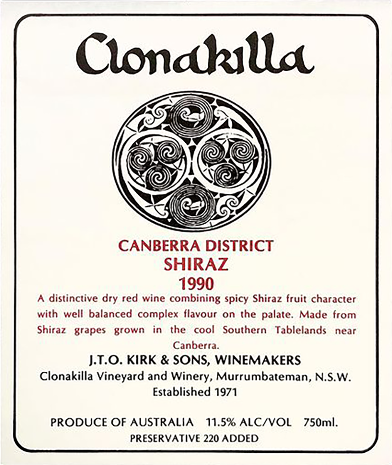 Clonakilla 1990 Shiraz label 