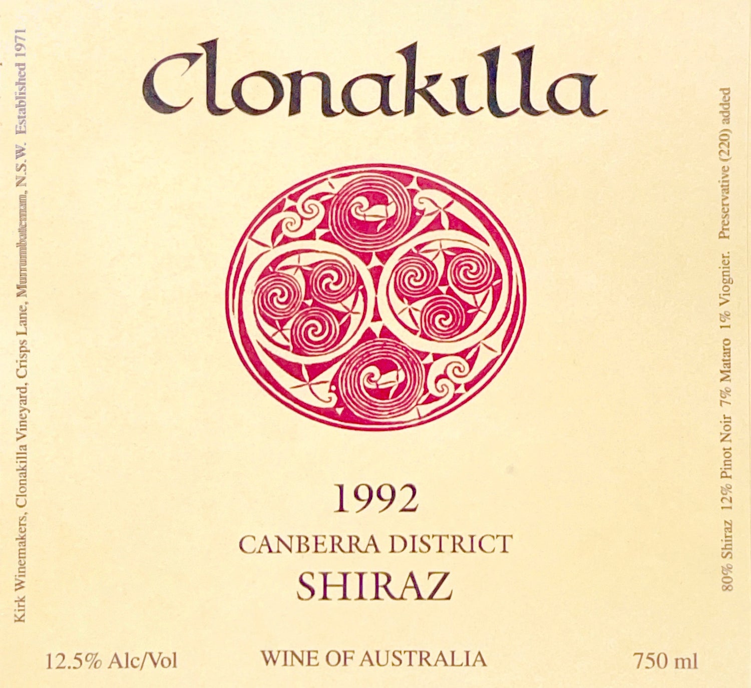 Clonakilla 1992 Shiraz label